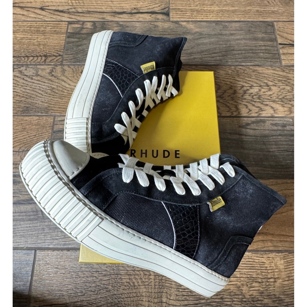 Rhude Bel Airs High Top Canvas Sneakers Black White Crocodile Detail Men's 8